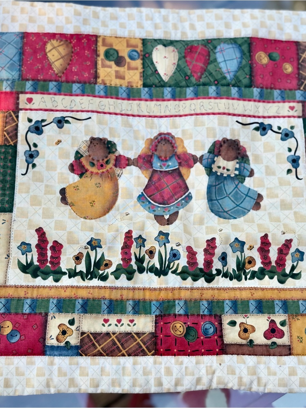 Country Patchwork Doll Quilt Pillow Case- Cream, Red, Blue